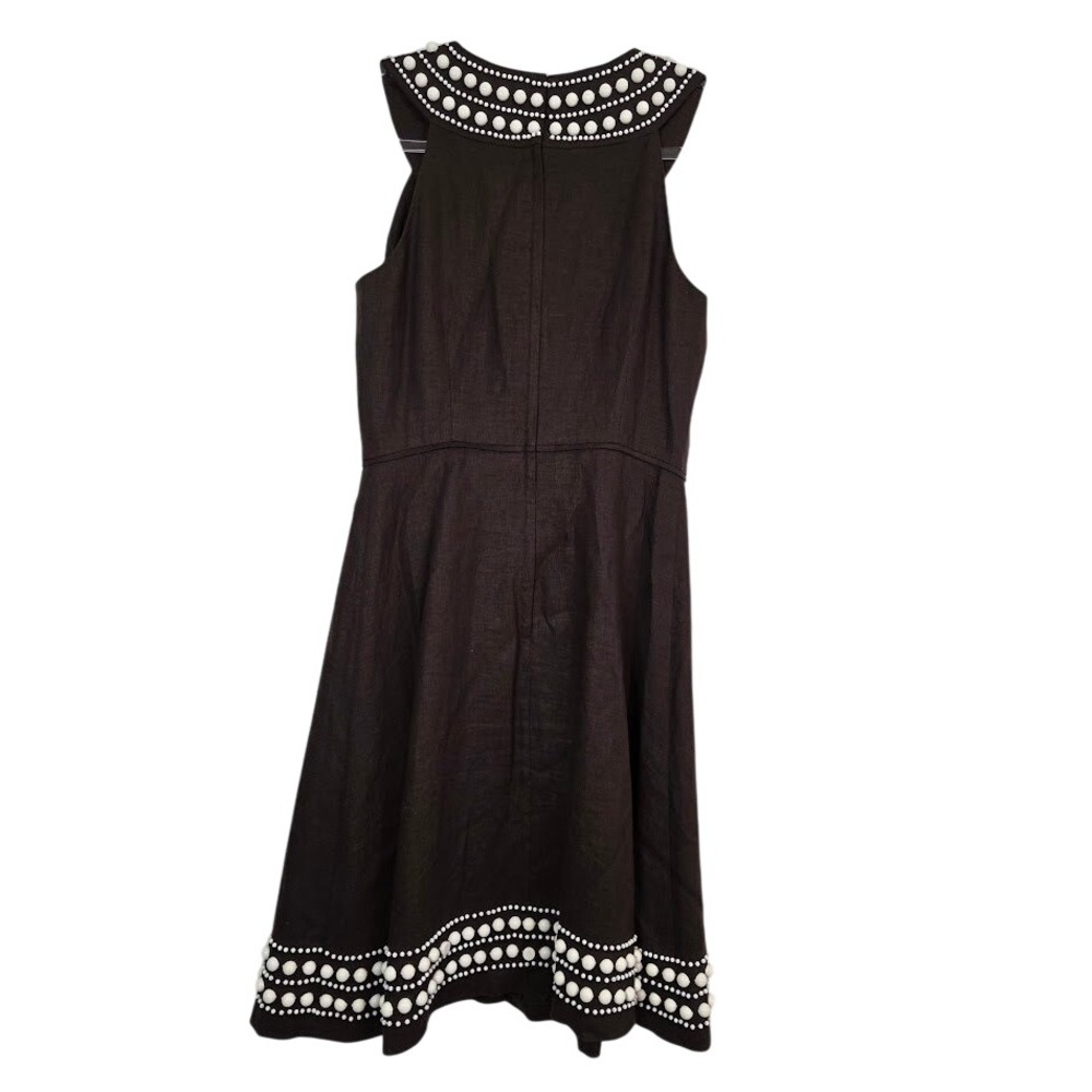 Kate‎ Spade Women's Sz 4 Fit & Flare Dress Brown 100% Linen Beaded Sleeveless - Picture 2 of 11